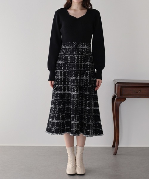 セール】《新柄追加／選べる着丈》チェックジャガードニットワンピース