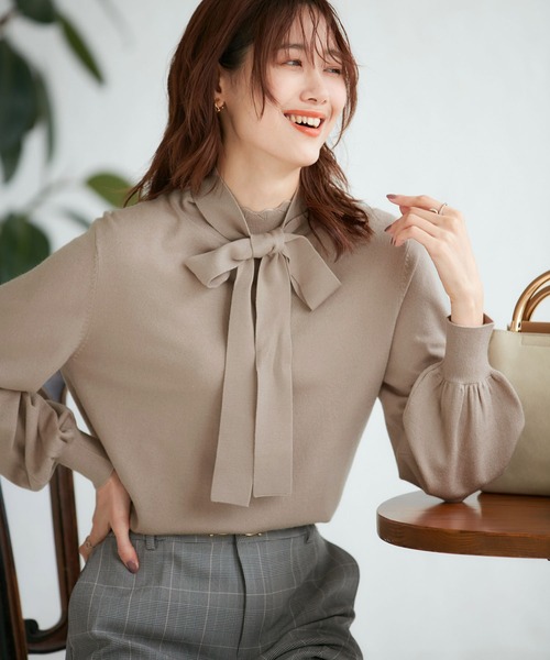 ROPE' PICNIC（ロペピクニック）の「アンチピリングリボンタイタートルニット（ニット/セーター・レディース・ブラック/ベージュ系その他/ブルー系その他4・38）」の2枚目の写真