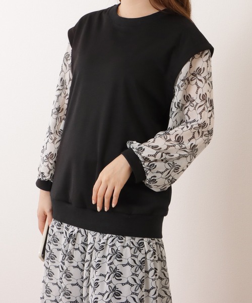 Lace Ladies(レースレディース)の「ニット レイヤード ボタニカル柄 フレア ワンピース(ワンピース・レディース・ブラック・M/XL)」の3枚目の写真