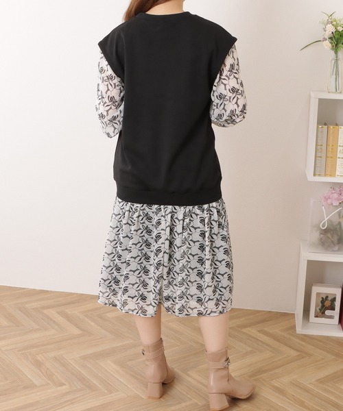 Lace Ladies(レースレディース)の「ニット レイヤード ボタニカル柄 フレア ワンピース(ワンピース・レディース・ブラック・M/XL)」の8枚目の写真