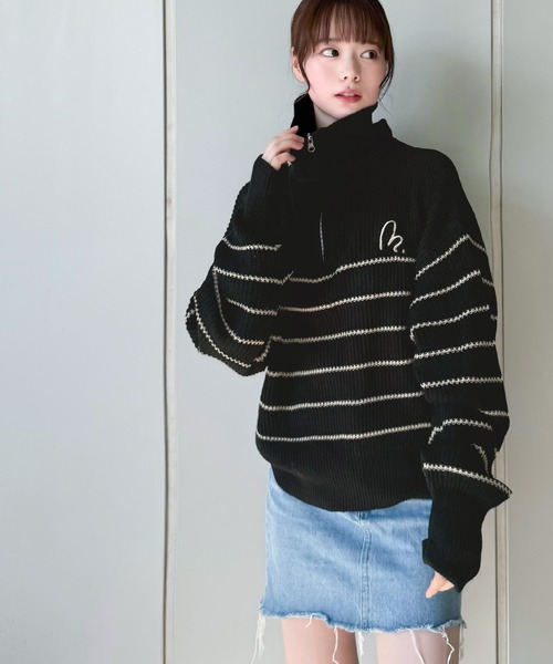 Schott NYC　太ボーダー　ニットセーター　胸元刺繍　ショット刺繍 THREE FIFTY STANDARD 綿混素材の太ボーダーニットセーター〈ブラウン