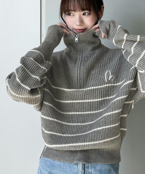 mily bilet（ミウィビレット）の「【mily bilet】キュンと大人可愛いボーダーニット。胸刺繍ハーフジップニット（ニット/セーター・レディース・ブラック/ベージュ/アイボリー/杢グレー/ブラック×ベージュ/ホワイト系その他・SMALL/MEDIUM/X-LARGE/LARGE）」の21枚目の写真