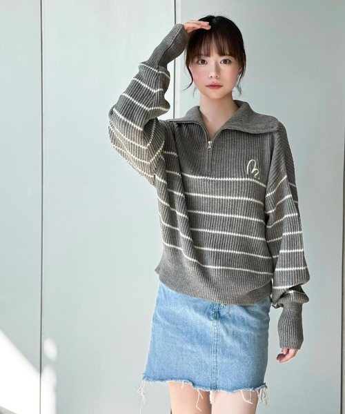 mily bilet（ミウィビレット）の「【mily bilet】キュンと大人可愛いボーダーニット。胸刺繍ハーフジップニット（ニット/セーター・レディース・ブラック/ベージュ/アイボリー/杢グレー/ブラック×ベージュ/ホワイト系その他・SMALL/MEDIUM/X-LARGE/LARGE）」の22枚目の写真