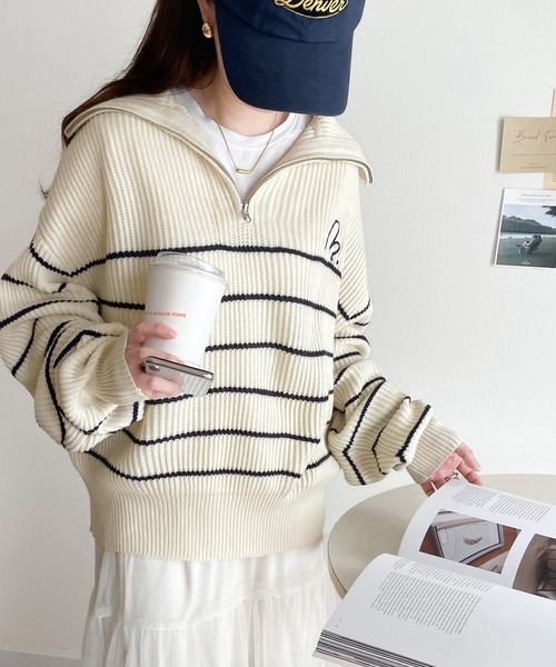 mily bilet（ミウィビレット）の「【mily bilet】キュンと大人可愛いボーダーニット。胸刺繍ハーフジップニット（ニット/セーター・レディース・ブラック/ベージュ/アイボリー/杢グレー/ブラック×ベージュ/ホワイト系その他・SMALL/MEDIUM/X-LARGE/LARGE）」の18枚目の写真