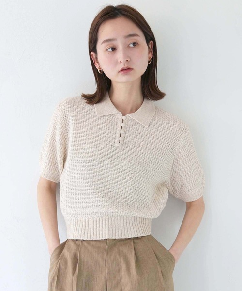 CLEIO（クレイオ）の「【CLEIO】地柄編み半袖ポロニット（ニット/セーター・レディース・テラコッタ/アイボリー/オリーブ・FREE）」の2枚目の写真