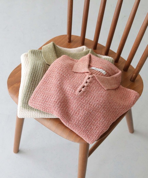 tシャツ 「CLEIO」地柄編み半袖ポロニット レディース CLEIO tシャツ 「CLEIO」地柄編み半袖ポロニット レディース