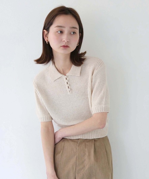 CLEIO（クレイオ）の「【CLEIO】地柄編み半袖ポロニット（ニット/セーター・レディース・テラコッタ/アイボリー/オリーブ・FREE）」の5枚目の写真