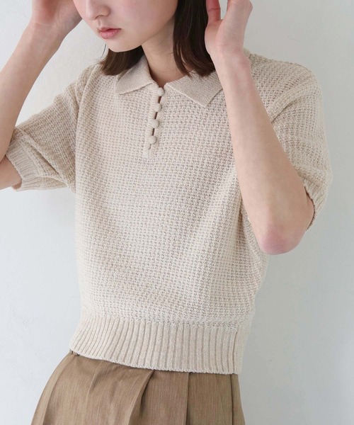 CLEIO（クレイオ）の「【CLEIO】地柄編み半袖ポロニット（ニット/セーター・レディース・テラコッタ/アイボリー/オリーブ・FREE）」の7枚目の写真