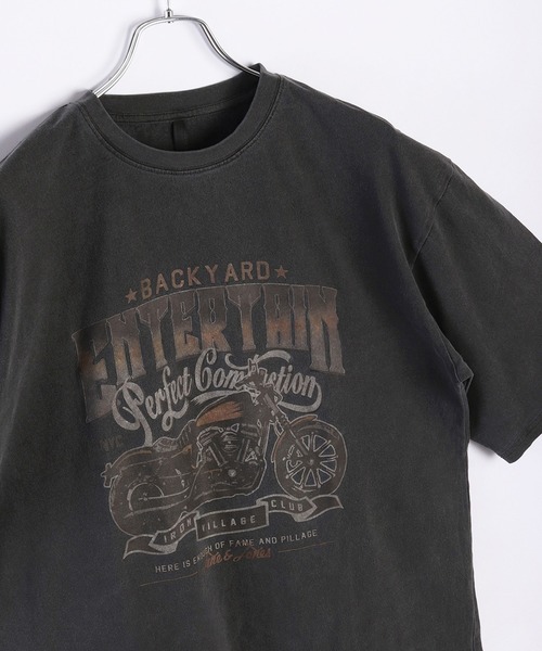 セール】ビッグサイズ ピグメント加工 プリント クルーネック 半袖T