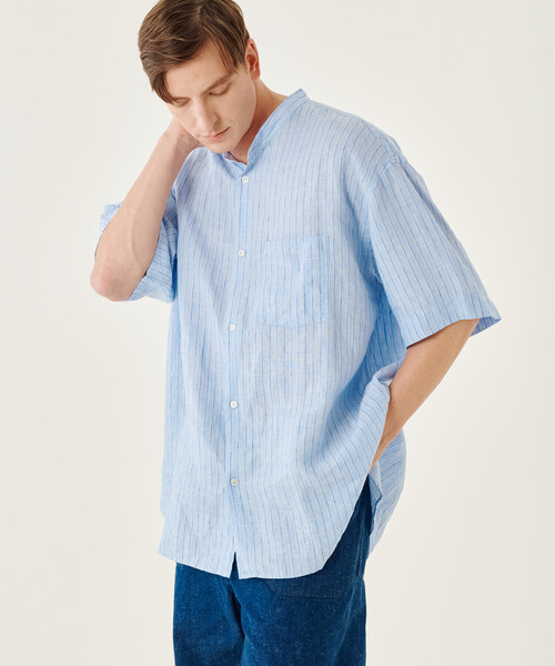 ORCIVAL / リネンバックギャザーシャツ/半袖シャツ/4/リネン/BLU/ストライプ/OR-B0269 ORCIVAL（オーシバル）の「ORCIVAL | リネン バックギャザーシャツ