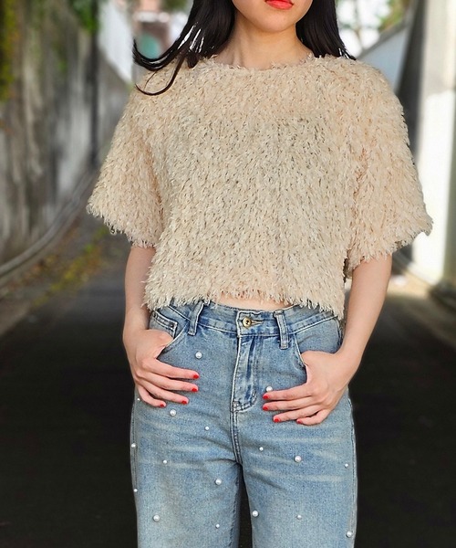 ANOTHER S（アナザーエス）の「半袖フリンジカットソー（Tシャツ/カットソー・レディース・グレー/アイボリー/ブラック・M）」の2枚目の写真