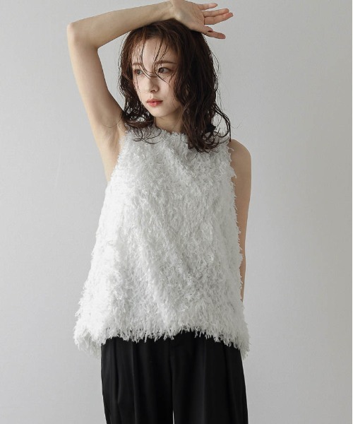 injiri ノースリーブ チュニック AMELY フェザーフリンジ ノースリーブ チュニック Aライン