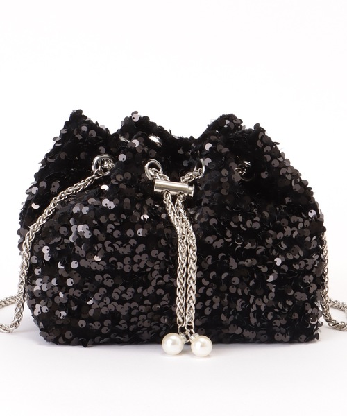 Lace Ladies(レースレディース)の「パール付き スパンコール チェーン 巾着 バッグ(クラッチバッグ・レディース・シルバー/ブラック・FREE)」の1枚目の写真