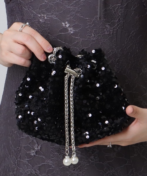Lace Ladies(レースレディース)の「パール付き スパンコール チェーン 巾着 バッグ(クラッチバッグ・レディース・シルバー/ブラック・FREE)」の3枚目の写真