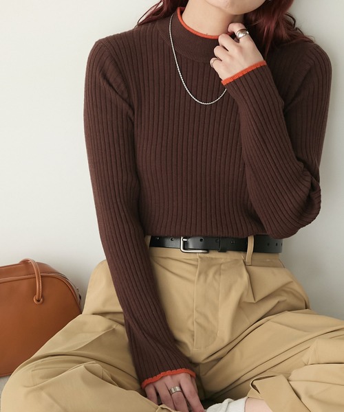 BONLECILL(ボンルシール)の「【至福のカヌレニット】配色パイピングハイネックリブニットプルオーバー(ニット/セーター・レディース・ブラック系1/レッド/アイボリー/ブラック/杢グレー/チャコールグレー/ブラック系その他/ブラウン/ボルドー/グリーン/アイボリー系1/ブラック×ホワイト/ネイビー・M/L)」の8枚目の写真