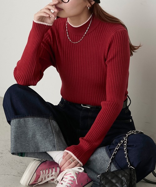 BONLECILL(ボンルシール)の「【至福のカヌレニット】配色パイピングハイネックリブニットプルオーバー(ニット/セーター・レディース・ブラック系1/レッド/アイボリー/ブラック/杢グレー/チャコールグレー/ブラック系その他/ブラウン/ボルドー/グリーン/アイボリー系1/ブラック×ホワイト/ネイビー・M/L)」の12枚目の写真