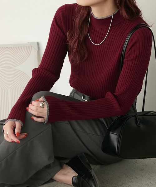 BONLECILL(ボンルシール)の「【至福のカヌレニット】配色パイピングハイネックリブニットプルオーバー(ニット/セーター・レディース・ブラック系1/レッド/アイボリー/ブラック/杢グレー/チャコールグレー/ブラック系その他/ブラウン/ボルドー/グリーン/アイボリー系1/ブラック×ホワイト/ネイビー・M/L)」の13枚目の写真