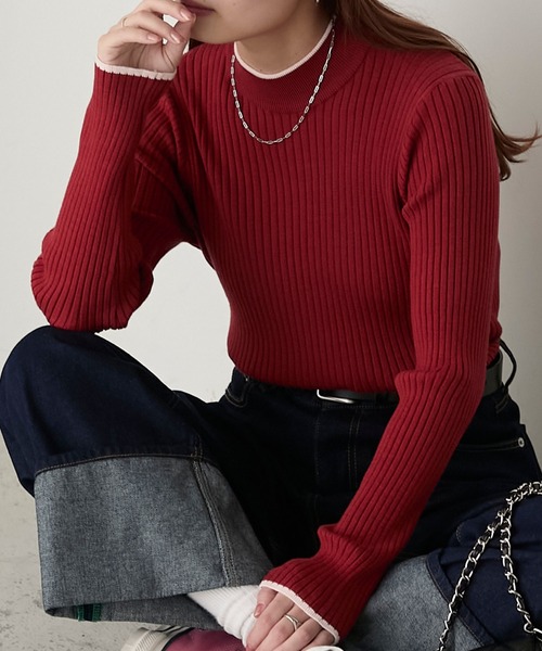 BONLECILL（ボンルシール）の「【至福のカヌレニット】配色パイピングハイネックリブニットプルオーバー（ニット/セーター・レディース・ブラック系1/レッド/アイボリー/ブラック/杢グレー/チャコールグレー/ブラック系その他/ブラウン/ボルドー/グリーン/アイボリー系1/ブラック×ホワイト/ネイビー・M/L）」の20枚目の写真