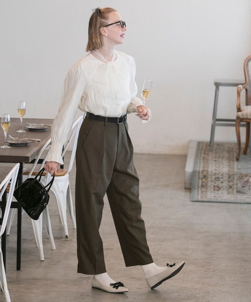 BONLECILL noir】パールボタンオーガンジービッグリボンブラウス