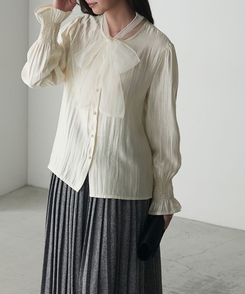 BONLECILL noir】パールボタンオーガンジービッグリボンブラウス