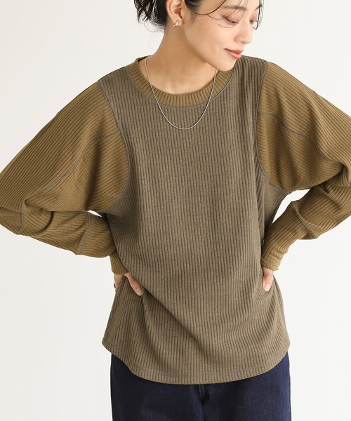 n'OrLABEL(ノアールレーベル)の「配色切替リブカットソー(Tシャツ/カットソー・レディース・ブラック/カーキ/杢グレー・2/1)」の1枚目の写真