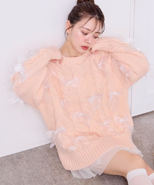 one after another NICE CLAUP（ワンアフターアナザーナイスクラップ）の「リボンゆるっとケーブルニット（ニット/セーター・レディース・オフホワイト/ブラウン/ピンク・FREE）」の17枚目の写真