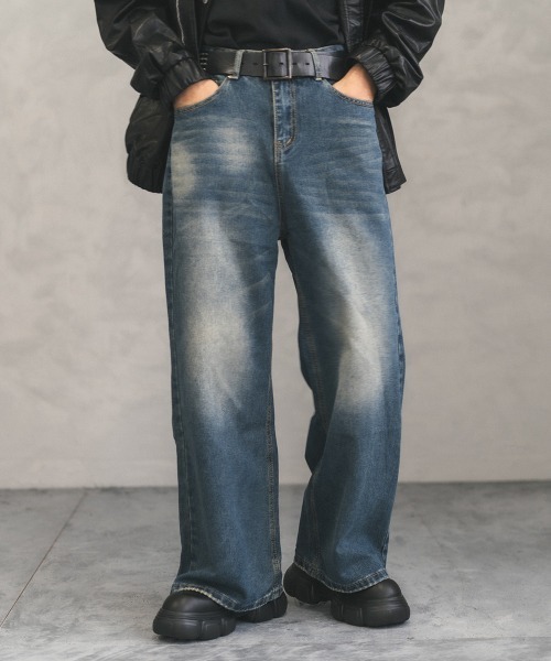 Shoowtime（ショウタイム）の「Vintage wash wide flare denim pants / ビンテージウォッシュワイドフレアデニムパンツ（デニムパンツ・メンズ・ブラック系/ブルー系/ネイビー系・X-LARGE/LARGE/MEDIUM）」の4枚目の写真