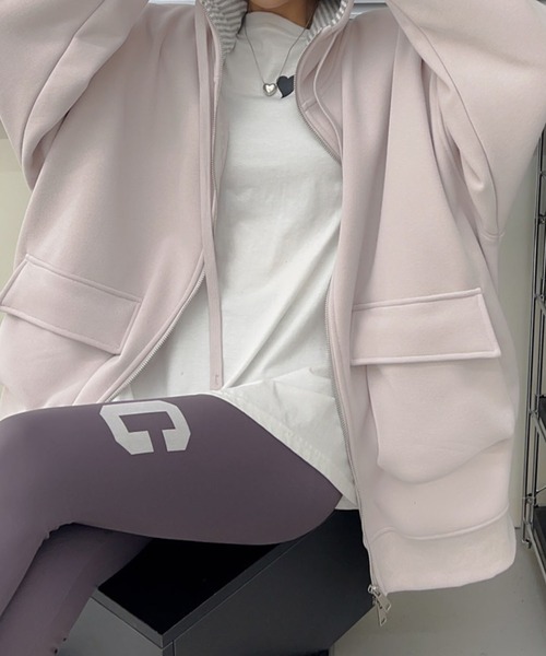 aimoha（アイモハ）の「オーバーサイズ裏起毛フルジップポケットパーカー (AW)（パーカー・レディース・ベージュ/パープル/ネイビー/ピンク/杢グレー・FREE）」の9枚目の写真