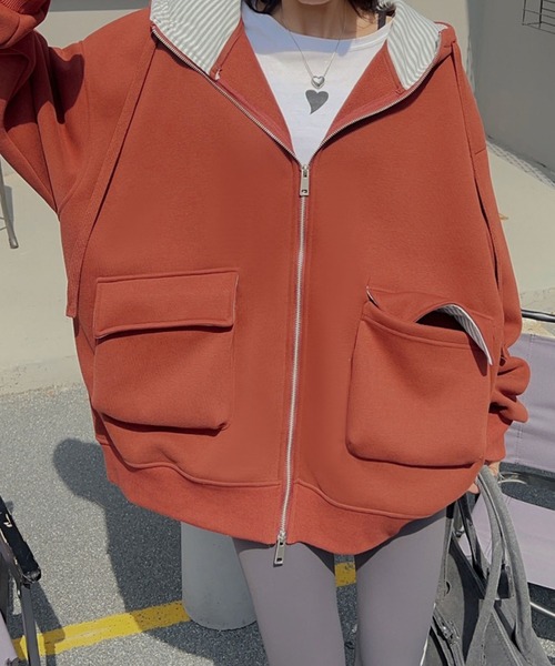 aimoha（アイモハ）の「オーバーサイズ裏起毛フルジップポケットパーカー (AW)（パーカー・レディース・ベージュ/パープル/ネイビー/ピンク/杢グレー・FREE）」の10枚目の写真