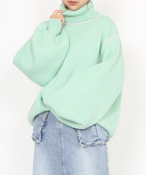 PUNYUS（プニュズ）の「ハンドステッチタートルネックニット（ニット/セーター・レディース・グリーン/サックスブルー/ブラック・2/3/4）」の3枚目の写真