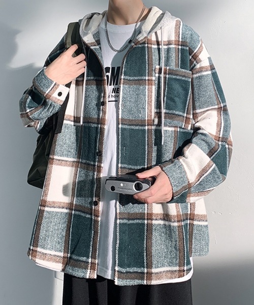 link lot（リンクロット）の「【秋冬】フード付ヘビーネルチェックシャツ（シャツ/ブラウス・メンズ・ブラック/グリーン・M/L）」の8枚目の写真