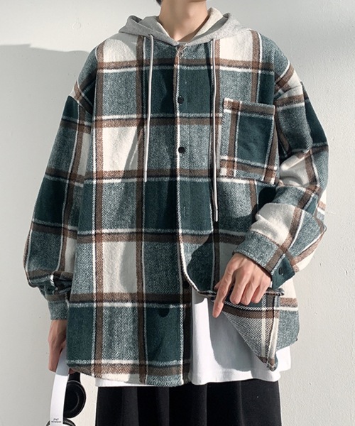 link lot（リンクロット）の「【秋冬】フード付ヘビーネルチェックシャツ（シャツ/ブラウス・メンズ・ブラック/グリーン・M/L）」の9枚目の写真