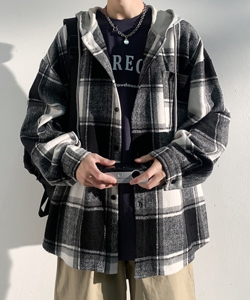 link lot（リンクロット）の「【秋冬】フード付ヘビーネルチェックシャツ（シャツ/ブラウス・メンズ・ブラック/グリーン・M/L）」の3枚目の写真