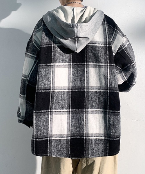 link lot（リンクロット）の「【秋冬】フード付ヘビーネルチェックシャツ（シャツ/ブラウス・メンズ・ブラック/グリーン・M/L）」の4枚目の写真