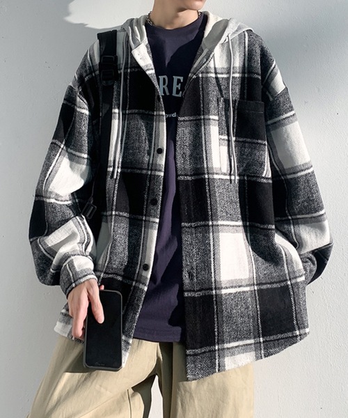 link lot（リンクロット）の「【秋冬】フード付ヘビーネルチェックシャツ（シャツ/ブラウス・メンズ・ブラック/グリーン・M/L）」の5枚目の写真