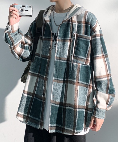 link lot（リンクロット）の「【秋冬】フード付ヘビーネルチェックシャツ（シャツ/ブラウス・メンズ・ブラック/グリーン・M/L）」の10枚目の写真