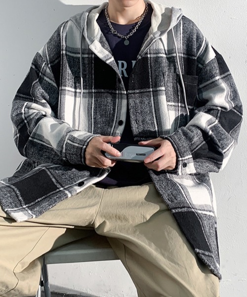 link lot（リンクロット）の「【秋冬】フード付ヘビーネルチェックシャツ（シャツ/ブラウス・メンズ・ブラック/グリーン・M/L）」の6枚目の写真