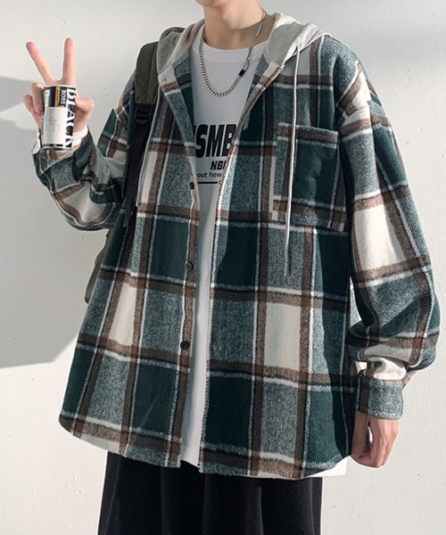 link lot（リンクロット）の「【秋冬】フード付ヘビーネルチェックシャツ（シャツ/ブラウス・メンズ・ブラック/グリーン・M/L）」の11枚目の写真