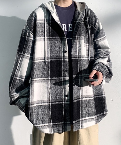 link lot（リンクロット）の「【秋冬】フード付ヘビーネルチェックシャツ（シャツ/ブラウス・メンズ・ブラック/グリーン・M/L）」の7枚目の写真