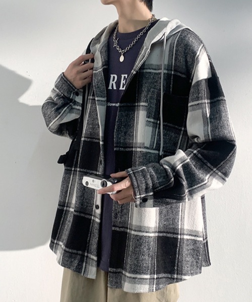 link lot（リンクロット）の「【秋冬】フード付ヘビーネルチェックシャツ（シャツ/ブラウス・メンズ・ブラック/グリーン・M/L）」の13枚目の写真