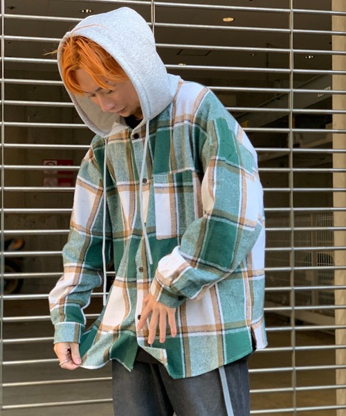 link lot（リンクロット）の「【秋冬】フード付ヘビーネルチェックシャツ（シャツ/ブラウス・メンズ・ブラック/グリーン・M/L）」の18枚目の写真