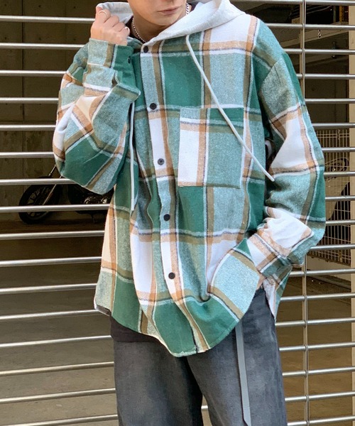 link lot（リンクロット）の「【秋冬】フード付ヘビーネルチェックシャツ（シャツ/ブラウス・メンズ・ブラック/グリーン・M/L）」の19枚目の写真