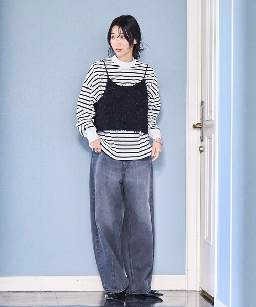 coen（コーエン）の「リボンヤーンニットキャミビスチェ（キャミソール・レディース・ブラック/オフホワイト・FREE）」の12枚目の写真