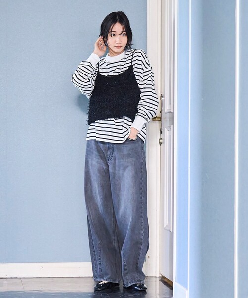 coen（コーエン）の「リボンヤーンニットキャミビスチェ（キャミソール・レディース・ブラック/オフホワイト・FREE）」の13枚目の写真