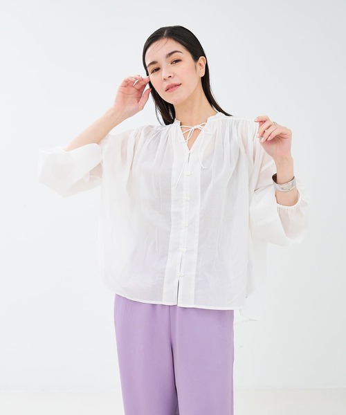 collex（コレックス）の「リボン&ギャザーブラウス（シャツ/ブラウス・レディース・オフホワイト/ダークネイビー/エメラルド・フリー）」の16枚目の写真