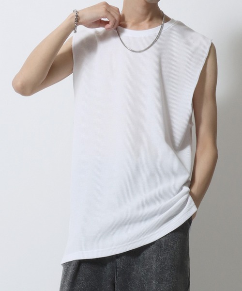 SITRY（シトリー）の「Thermal Layered No Sleeve Shirt/サーマル ワッフル ロング丈 ノースリーブシャツ タンクトップ（タンクトップ・メンズ・ホワイト/ブラック・L/M）」の13枚目の写真