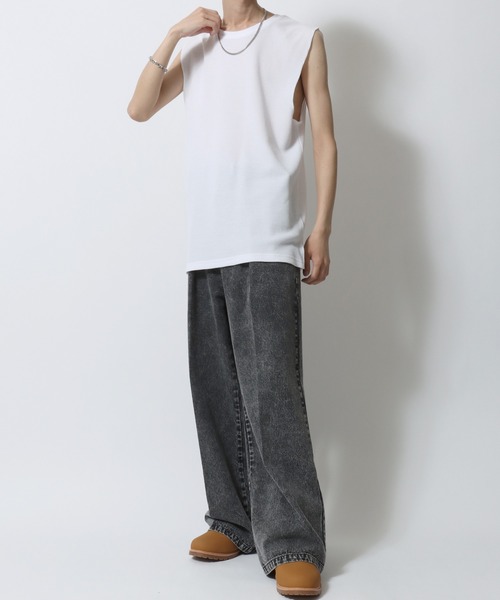 SITRY（シトリー）の「Thermal Layered No Sleeve Shirt/サーマル ワッフル ロング丈 ノースリーブシャツ タンクトップ（タンクトップ・メンズ・ホワイト/ブラック・L/M）」の15枚目の写真