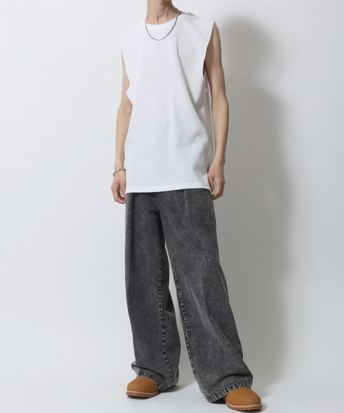 SITRY（シトリー）の「Thermal Layered No Sleeve Shirt/サーマル ワッフル ロング丈 ノースリーブシャツ タンクトップ（タンクトップ・メンズ・ホワイト/ブラック・L/M）」の14枚目の写真