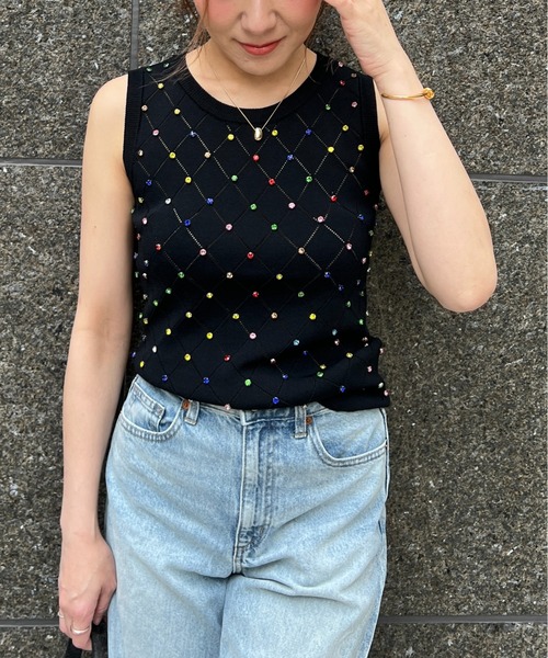 StyleSea（スタイルシー）の「マルチカラービジュー付きサマーニットトップス（ニット/セーター・レディース・オフホワイト/ブラック・FREE）」の3枚目の写真