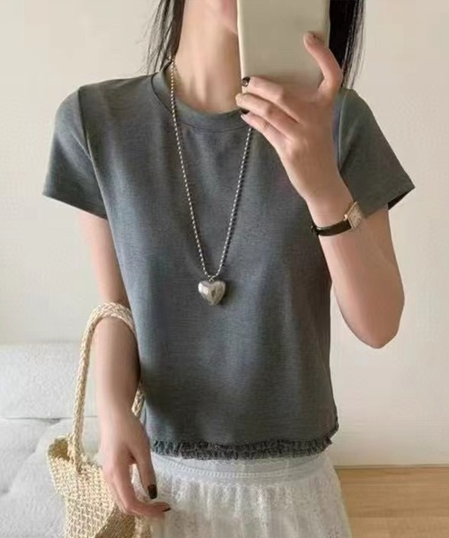 Lace Ladies(レースレディース)の「裾レース フリル クルーネック 半袖 Tシャツ(Tシャツ/カットソー・レディース・ホワイト/ブラック/グレー・FREE)」の3枚目の写真